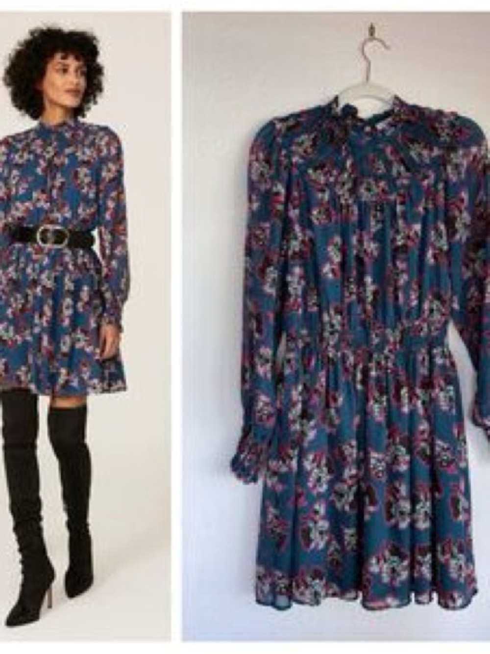 Peter Som Blue Floral Long-Sleeve Mini Dress